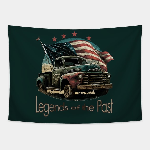 Patriotic Vintage Ride: Old Pickup Truck with American Flag Tapestry by Grigory