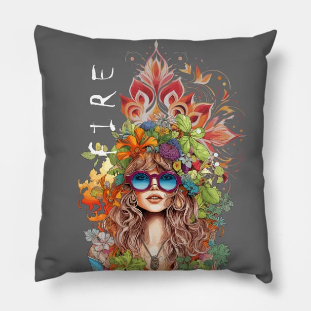 Hippie girl fire element - black Pillow by merchbykaez