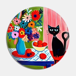 Black Cat with Still Life Flowers in a Blue Vase Still Life Painting Pin