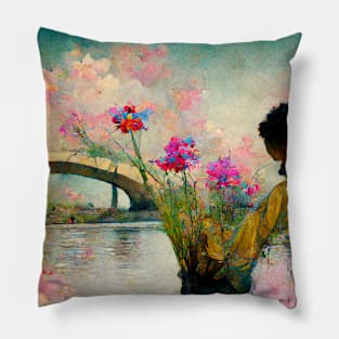 Black child by a river with flowers, surreal pastel colours in dali style Pillow