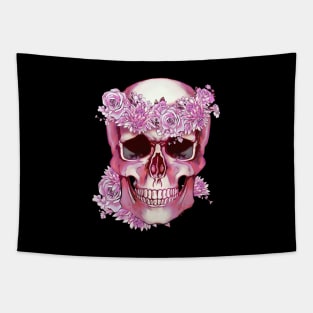 Floral crown and skull, Human anatomy, bones, pink purple roses and chrysanthemums Tapestry