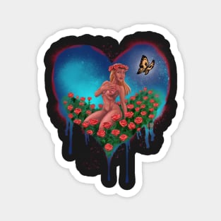 LOVE HEART with BUTTERFLY and ROSES - Graffiti Style (Blue) Magnet