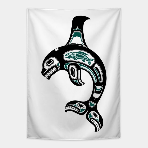 Teal Blue and Black Haida Spirit Killer Whale Tapestry by jeffbartels