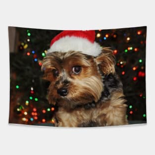 Cute Yorkshire Terrier Yorkie Puppy with Santa Hat Tapestry