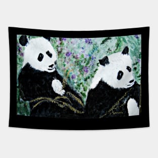Pandas With Golden Bamboo. Tapestry