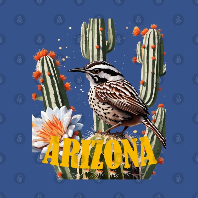 Arizona Cactus Wren Surrounded By Cactus Blossom by taiche