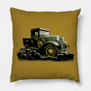 Model A Ford truck with pumpkins in foreground Pillow