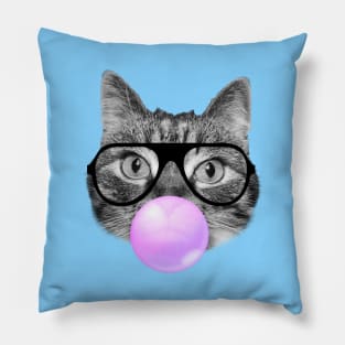 Cute fluffy hipster cat and a pink bubble gum Pillow