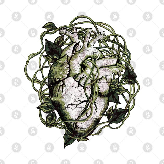 Human heart and climbing plant, green, nature and garden lovers, Anatomy illustration art by Collagedream