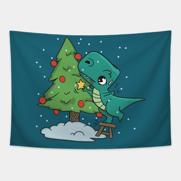 Sweaty T-Rex Decorating a Christmas Tree Tapestry by SLAG_Creative