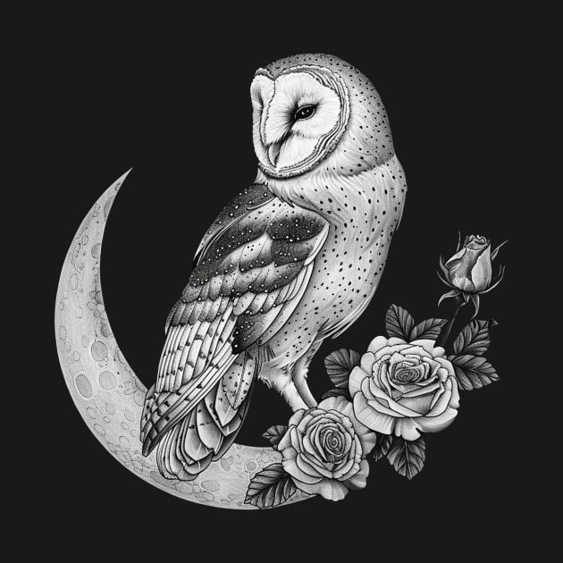 Barn Owl Sitting on a Moon & Roses, Gothic by LunaElizabeth