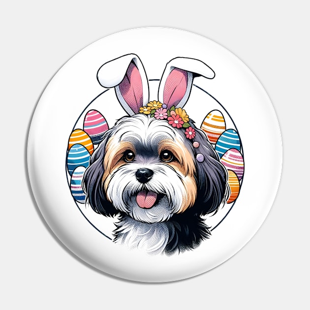 Lowchen Enjoys Easter with Bunny Ears and Eggs Pin by ArtRUs