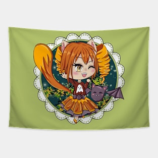 Kawaii Halloween Chibi Fox with a bat Tapestry