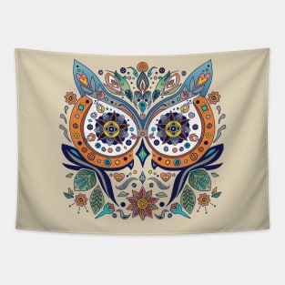 Mexican Style Graphic Owl Face Flowers Leaves Tapestry