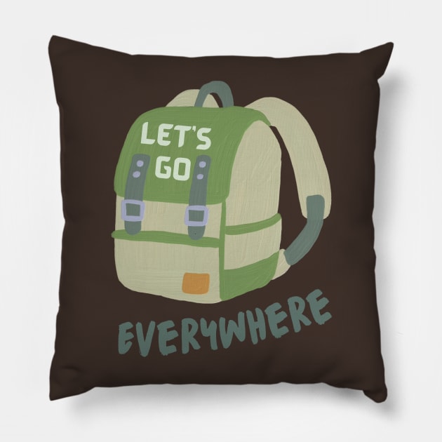 Let's Go Everywhere, with Backpack. Pillow by Coralgb