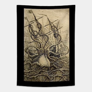 Kraken attacking a ship t-shirt, crewneck, hoodie, apparel, pillow, wall art, magnet, sticker, mugg Tapestry