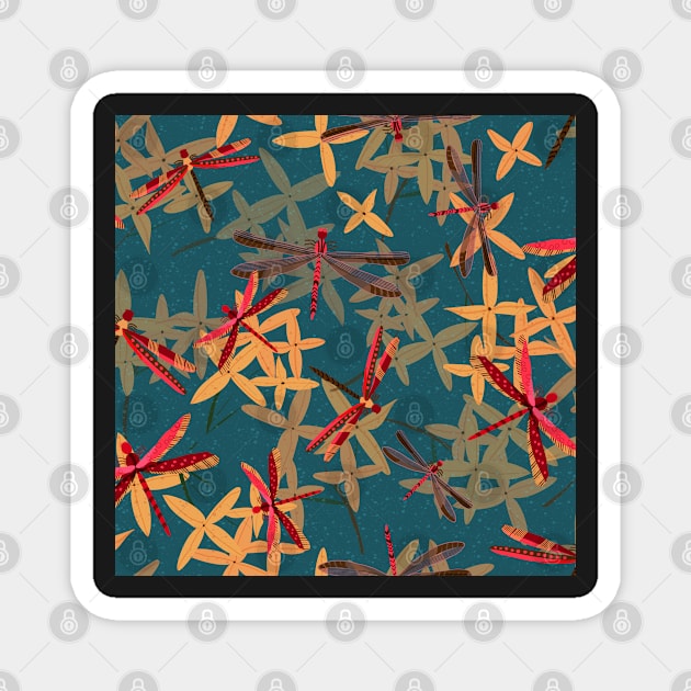 Thailand red dragonflies and ixora flowers on dark blue Magnet by Ipoole