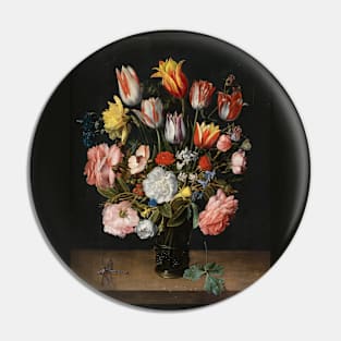 A still life of tulips, roses, bluebells, daffodils, a peony and other flowers in a glass roemer on a wooden ledge with a dragonfly by Jacob van Hulsdonck Pin