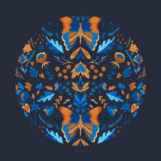 Watercolor blue and ocher butterfly pattern with folk flowers T-Shirt