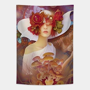 Art Deco Style Girl Fantastic Fungi and Magical Mushrooms Tapestry