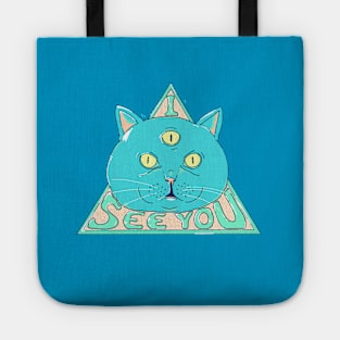 Three-eyed cat with the words "I see you" written on it. Tote