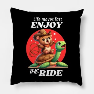 Cowboy Bear Riding a Turtle Enjoy the Ride Pillow