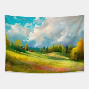 Abstract landscape with hills and trees and cloudy sky. Tapestry