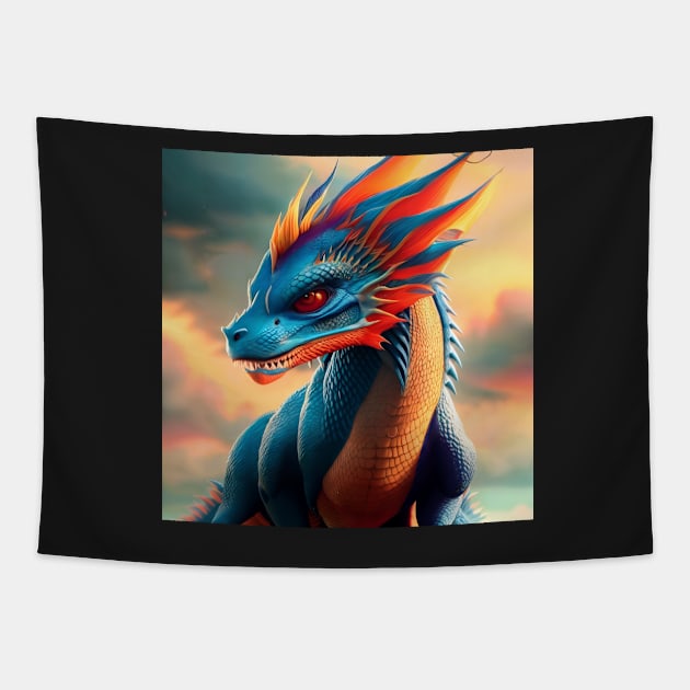 Menacing Young Cyan and Orange Scaled Dragon Tapestry by dragynrain