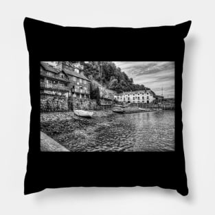 Clovelly Harbour And Houses, North Devon, England, Black And White Pillow