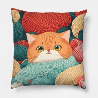 Cat Knitting Colorful Yarn Pillow