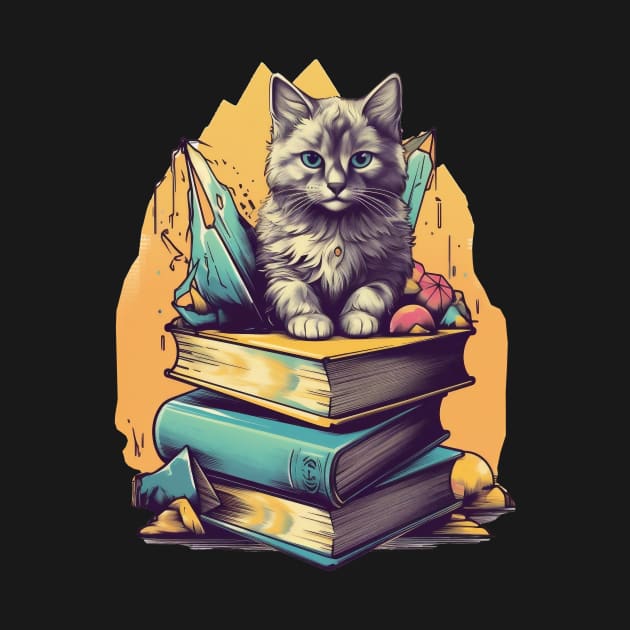 Bookish cat sleeping on books - Kitten lady & librarian gift by OutfittersAve