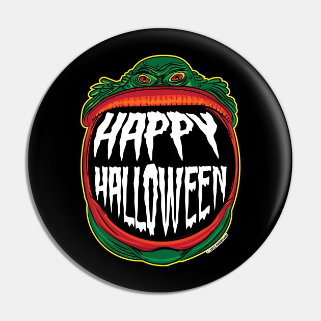 Creature from the Black Lagoon Happy Halloween Grin Pin by eShirtLabs