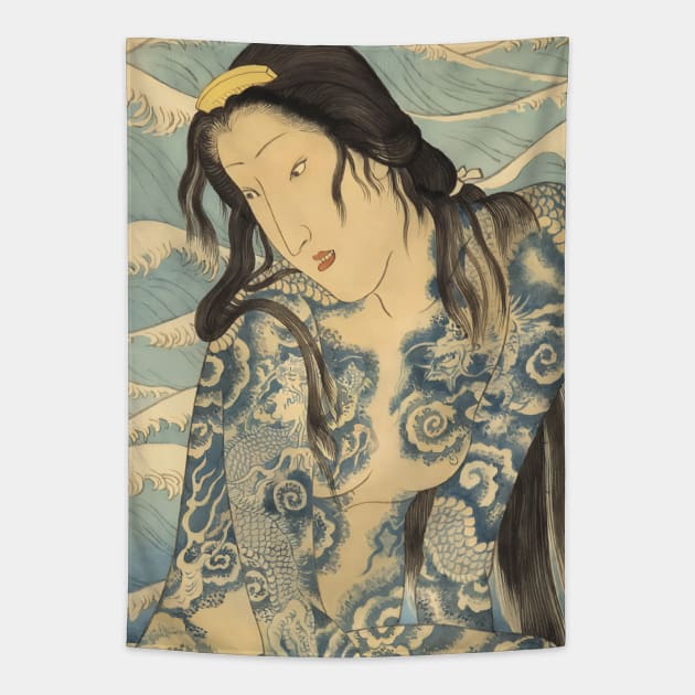 Tattoo woman - Japanese Vintage Art Ukiyo-e Tapestry by geekmethat