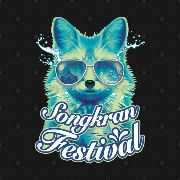 Songkran festival Thailand summer fox tourist wear blue sunglasses water splash by Settha.sk