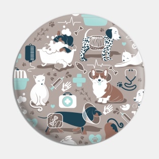 Veterinary medicine, happy and healthy friends // pattern // brown background aqua details navy blue white and brown cats dogs and other animals Pin