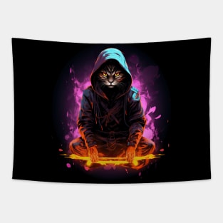 Red-Yellow Magenta Neon Fire Cat Ninja T-Shirt Tapestry