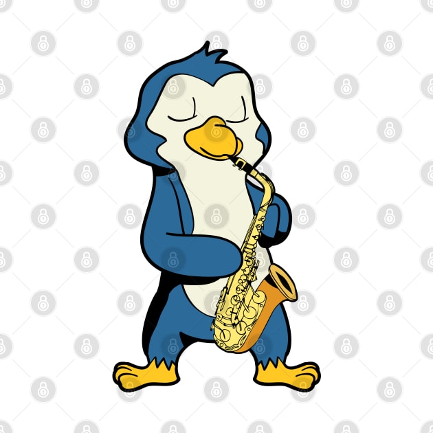Cartoon penguin playing saxophone by Modern Medieval Design