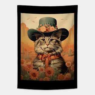 Retro Vintage Cowboy Cat - Whiskered Wild West Adventure Tapestry