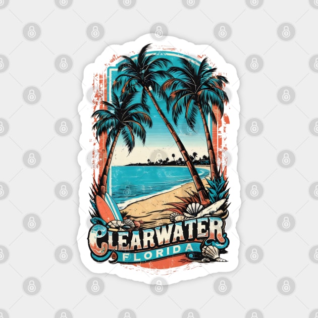 Clearwater Florida Vintage Beach Design – Palm Trees, Surfboards & Coastal Vibes Magnet by WarFX Designs