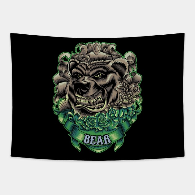 Bear head with flowers Tapestry by Marciano Graphic