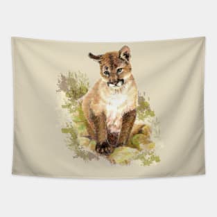 Watercolor Cougar Mountain Lion Cub Tapestry