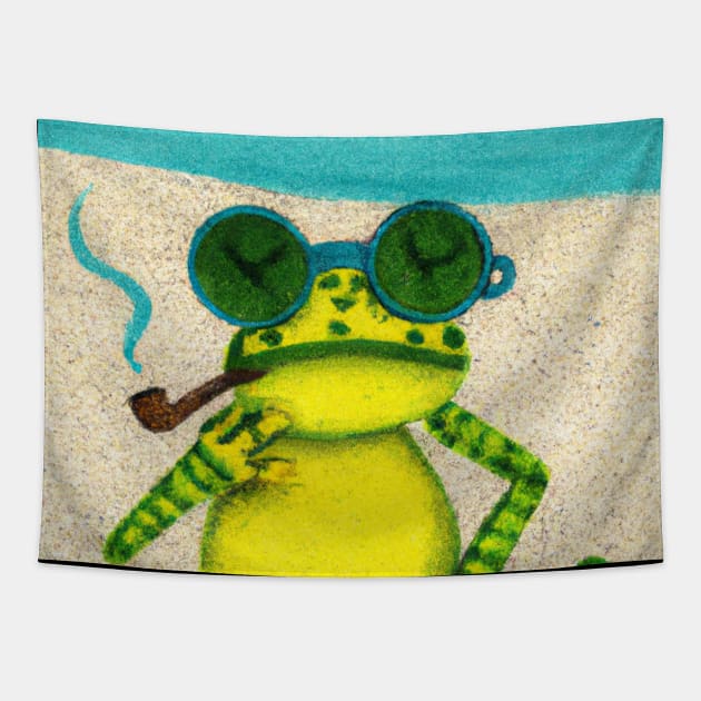 Fancy Frog With a Pipe At The Beach Tapestry by FanciiFrog