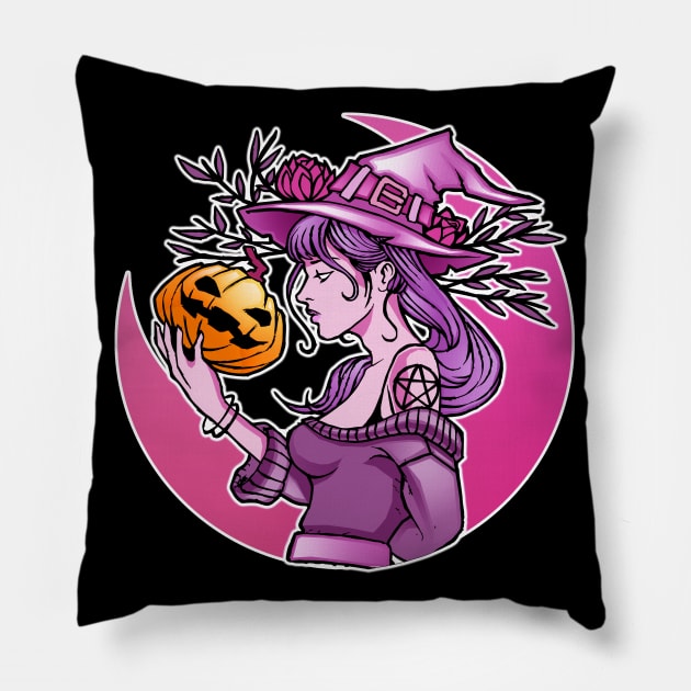 Cute Halloween Witch With Pumpkin and the Moon Pillow by dnlribeiro88