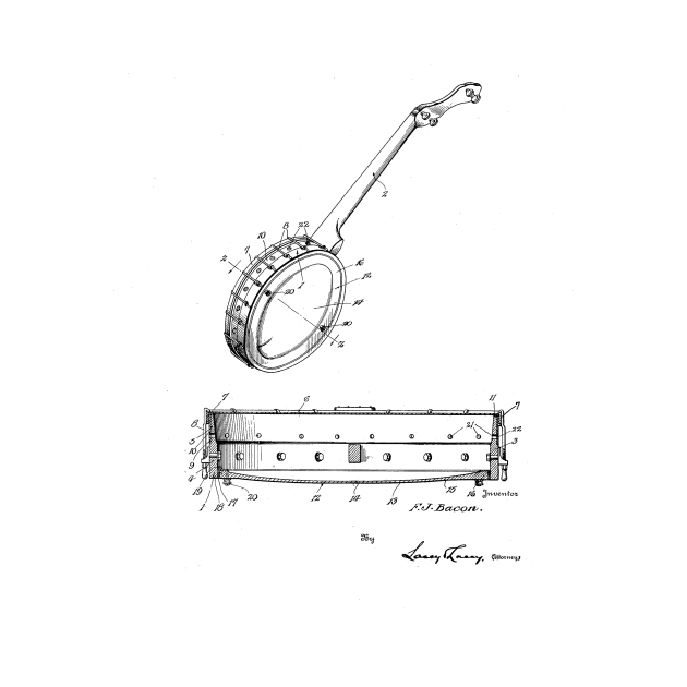 Banjo Vintage Patent Hand Drawing by TheYoungDesigns