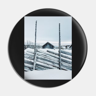 Wooden Fence and Cabin in Beautiful White Norwegian Winter Landscape Pin