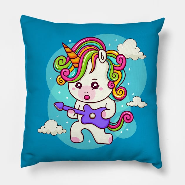 Unicorn with electric guitar in the sky Pillow by Thumthumlam