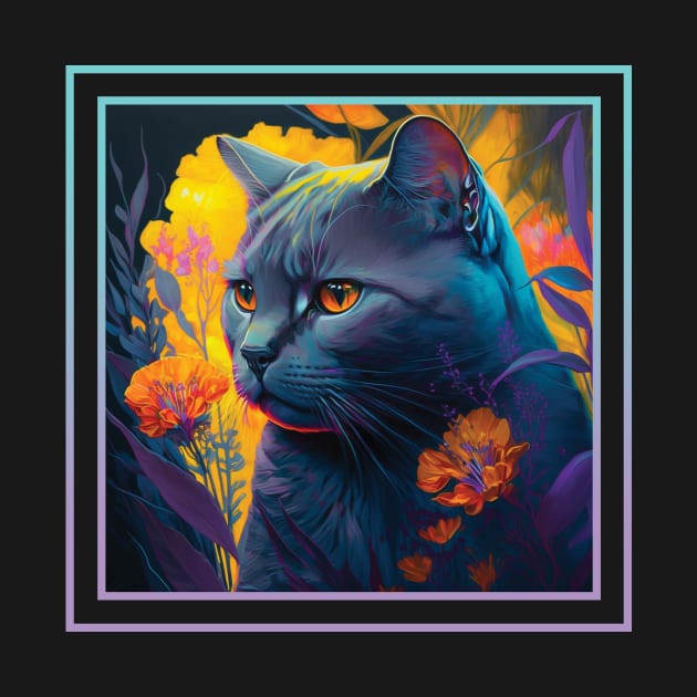 Annoyed Chartreux Cat Vibrant Tropical Flower Digital Oil Painting Portrait by ArtHouseFlunky