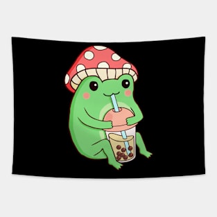 Boba Tea Bubble Frog mushroom hat Kawaii Cute Frog Drinking Boba Tapestry