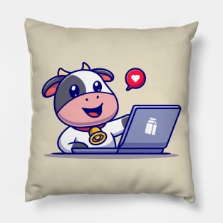 Cute Cow Working On Laptop Cartoon Pillow