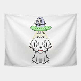 Cute white dog is abducted by aliens Tapestry